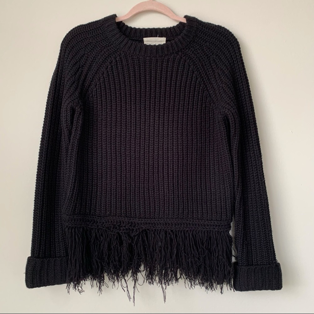 Moon River Chunky Knit Sweater Black Fringe Crew Neck Raglan Sleeve Size Small